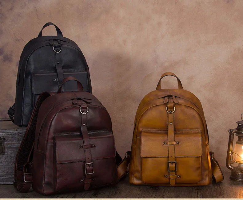 Handmade Womens Black Leather Backpack Purse Book Bags for Women