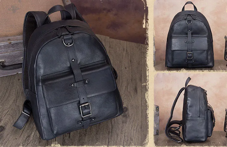 Handmade Womens Black Leather Backpack Purse Book Bags for Women