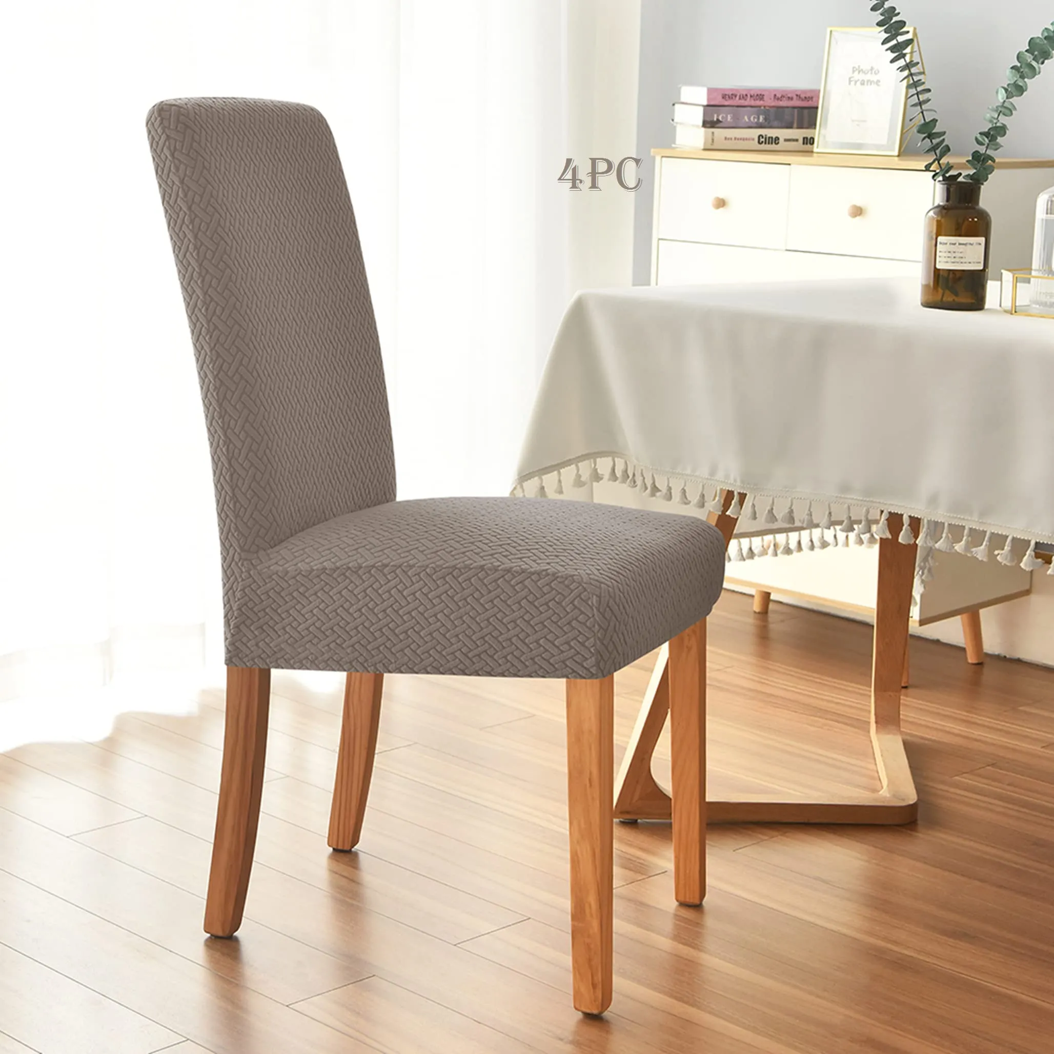 Lukzer 4PC Spandex Dining Chair Cover Removable & Washable Seat Case Stretchable Universal Protective Elastic Slipcover (Textured Greige Design)