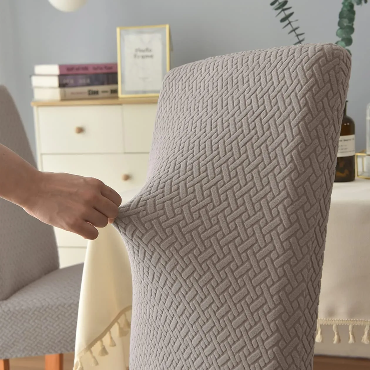 Lukzer 4PC Spandex Dining Chair Cover Removable & Washable Seat Case Stretchable Universal Protective Elastic Slipcover (Textured Greige Design)
