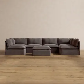 Modular Washable 6-Seater Open-Ends U-Sectional   Ottoman in Caviar | Memorix  Seat | Cloud Pillow