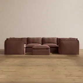 Modular Washable 6-Seater U-Sectional   Ottoman in Chestnut | Deluxe  Seat | Cloud Pillow