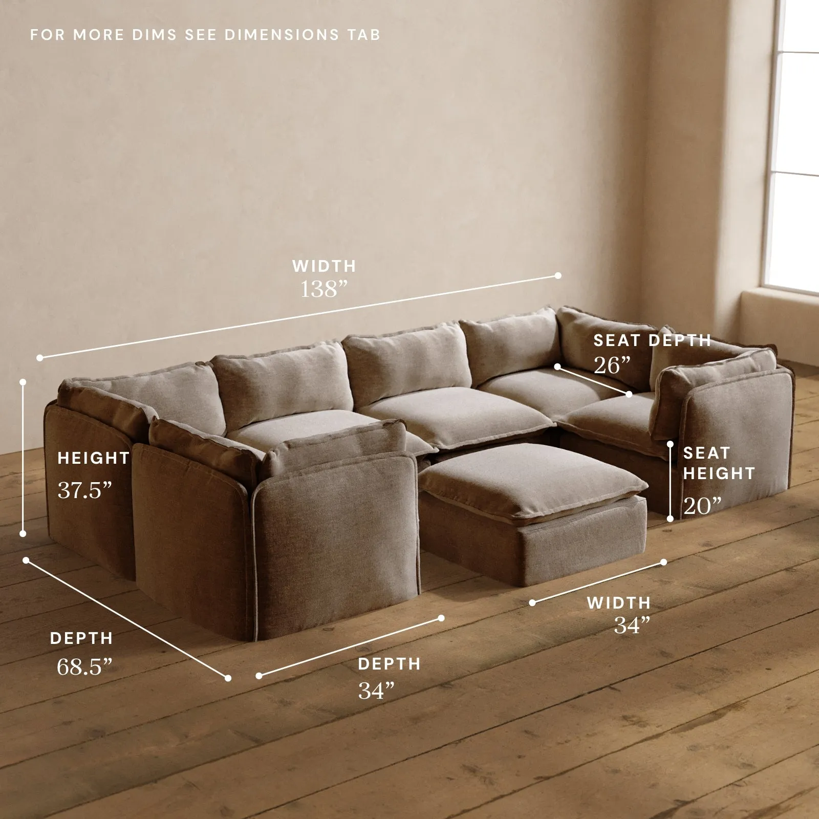 Modular Washable 6-Seater U-Sectional   Ottoman in Mist | Memorix  Seat | Cloud Pillow