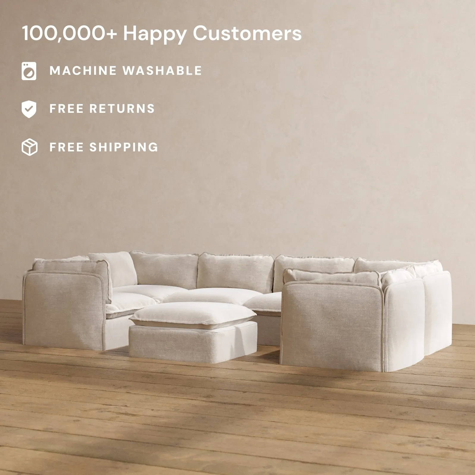 Modular Washable 6-Seater U-Sectional   Ottoman in Mist | Memorix  Seat | Cloud Pillow
