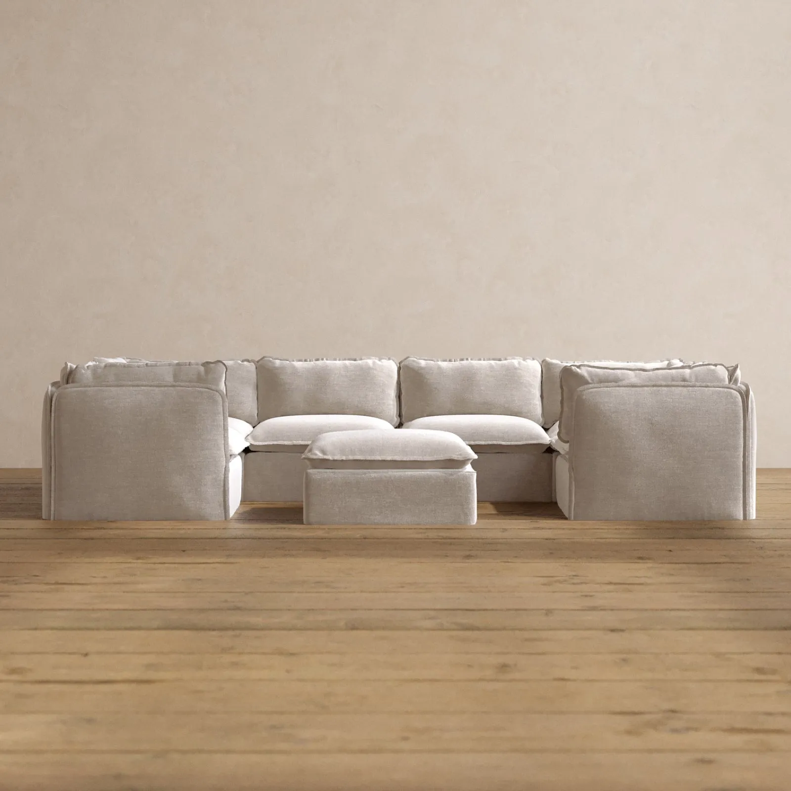 Modular Washable 6-Seater U-Sectional   Ottoman in Mist | Memorix  Seat | Cloud Pillow