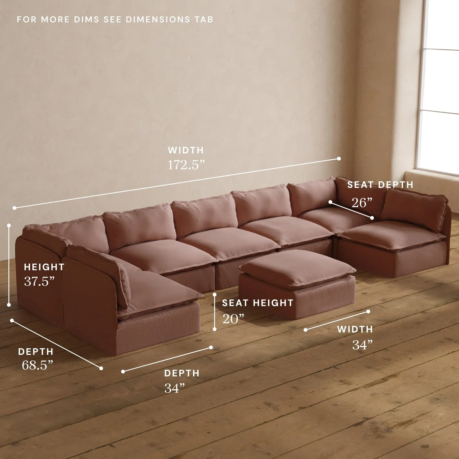 Modular Washable 7-Seater Open-Ends U-Sectional   Ottoman in Sakura | Memorix  Seat | Cloud Pillow