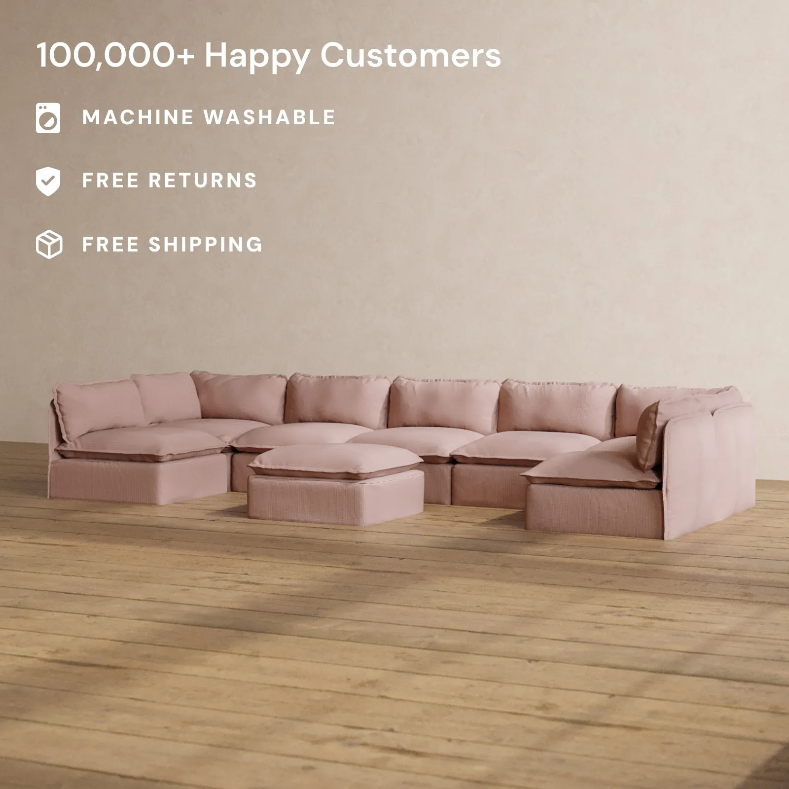 Modular Washable 7-Seater Open-Ends U-Sectional   Ottoman in Sakura | Memorix  Seat | Cloud Pillow