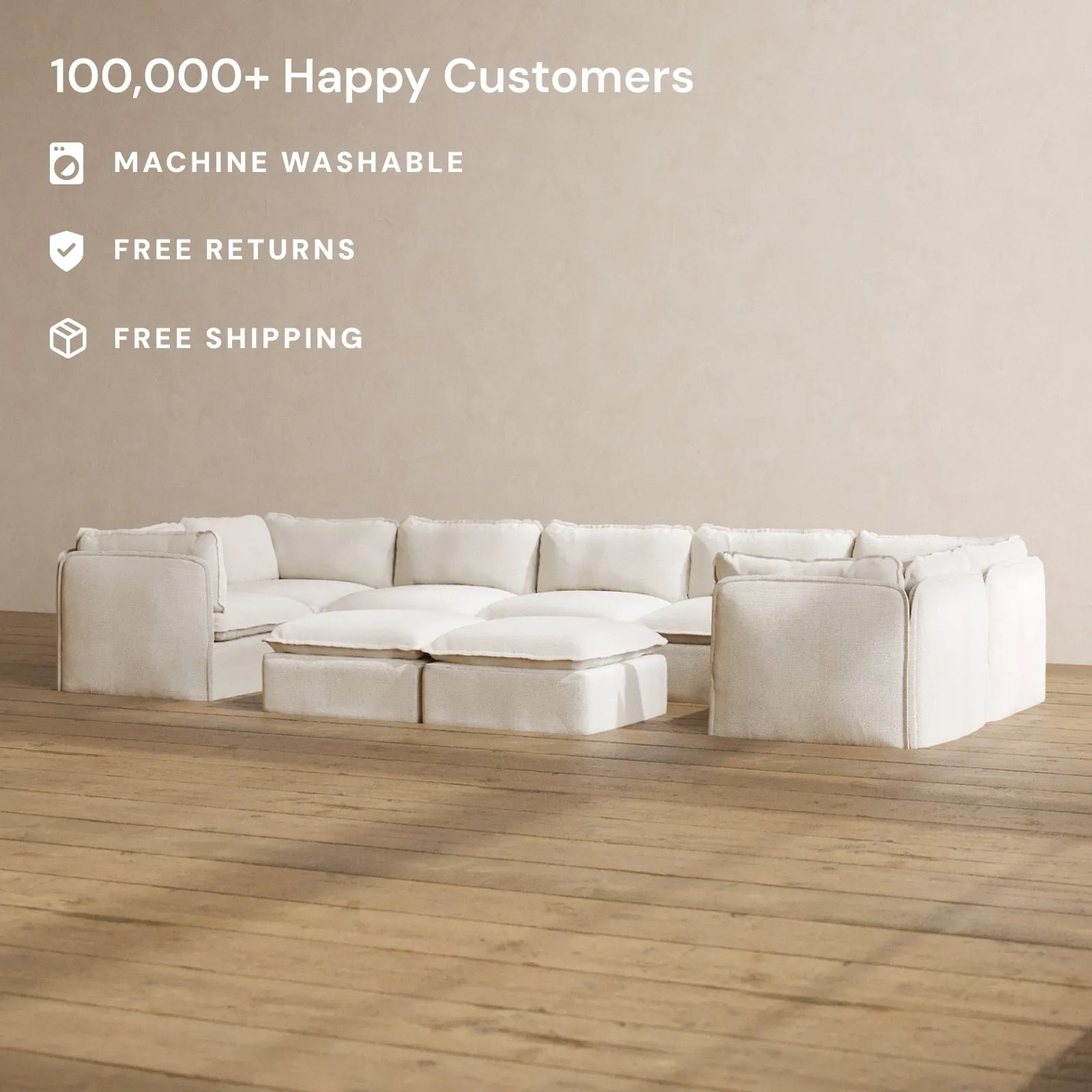 Modular Washable 7-Seater U-Sectional   Bench Ottoman in Powder | Memorix  Seat | Cloud Pillow