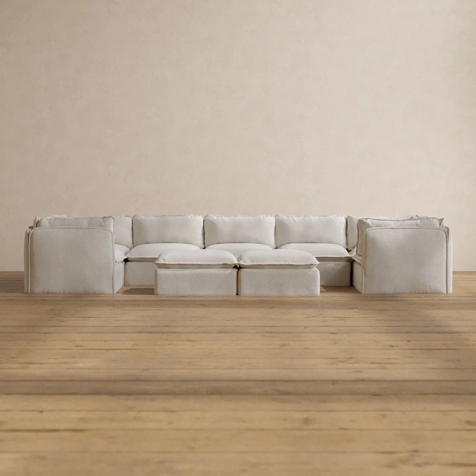 Modular Washable 7-Seater U-Sectional   Bench Ottoman in Powder | Memorix  Seat | Cloud Pillow