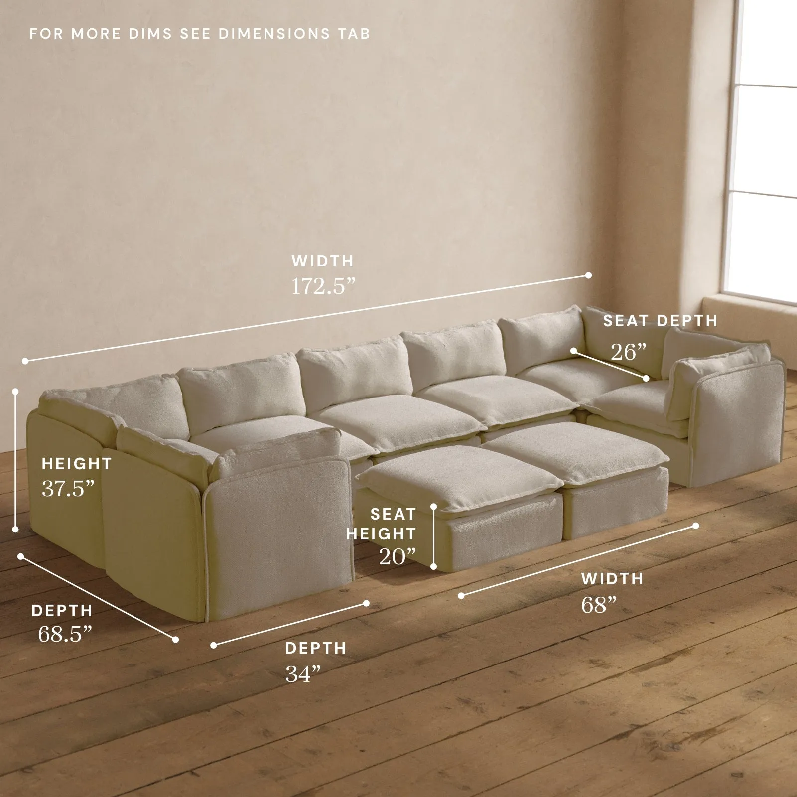 Modular Washable 7-Seater U-Sectional   Bench Ottoman in Powder | Memorix  Seat | Cloud Pillow
