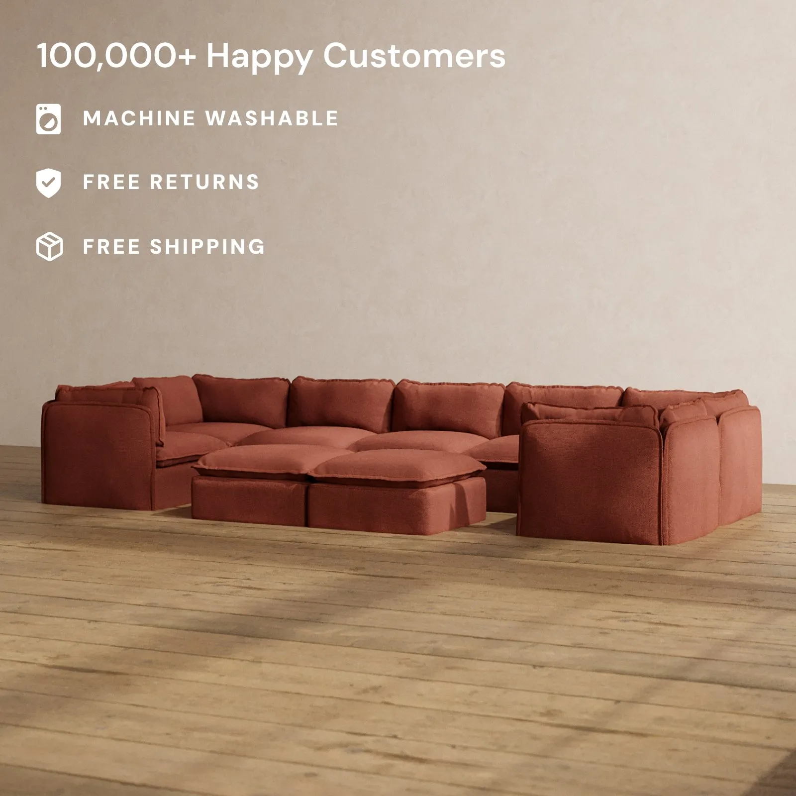 Modular Washable 7-Seater U-Sectional   Bench Ottoman in Rust | Memorix  Seat | Cloud Pillow