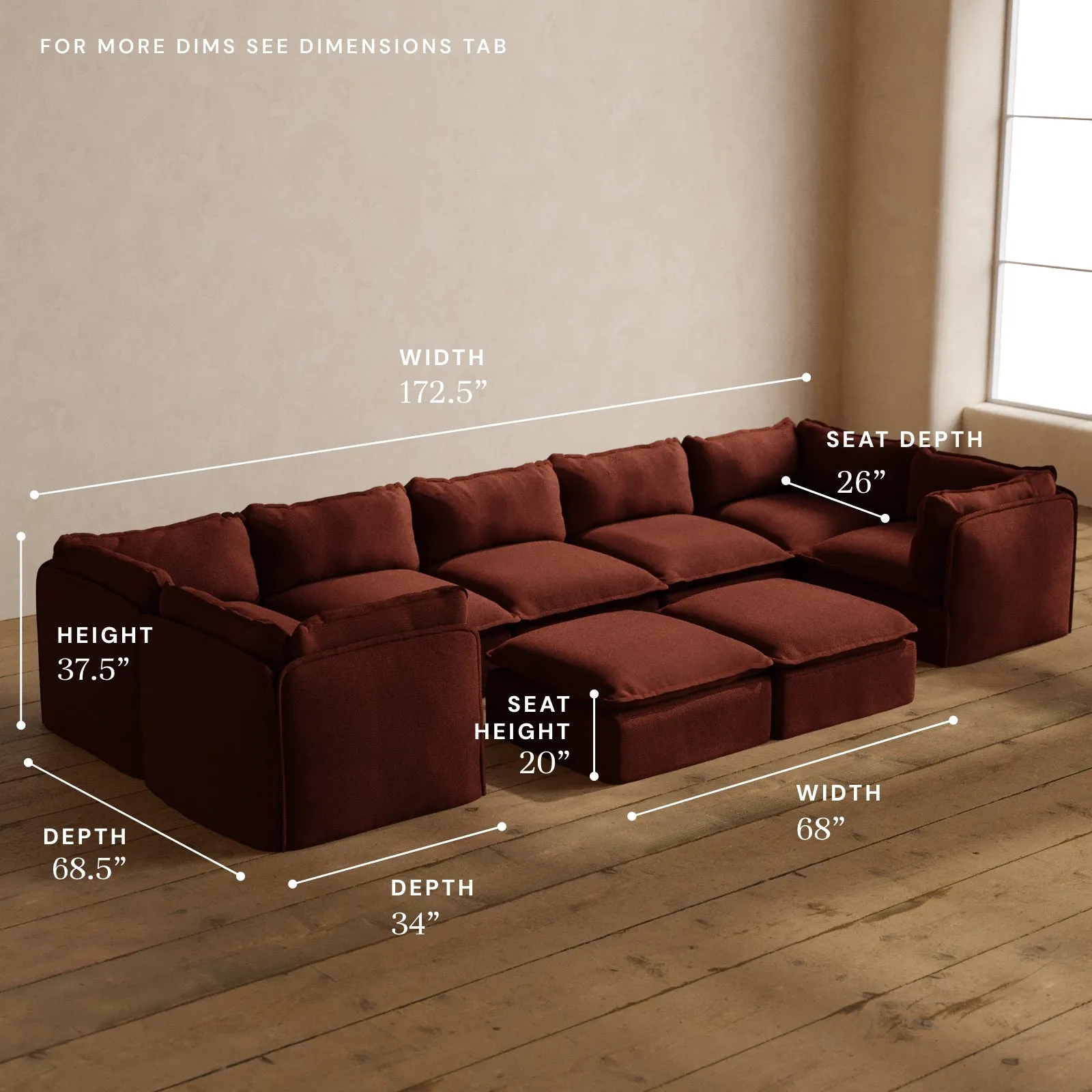 Modular Washable 7-Seater U-Sectional   Bench Ottoman in Rust | Memorix  Seat | Cloud Pillow