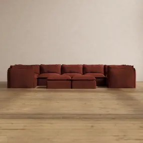 Modular Washable 7-Seater U-Sectional   Bench Ottoman in Rust | Memorix  Seat | Cloud Pillow