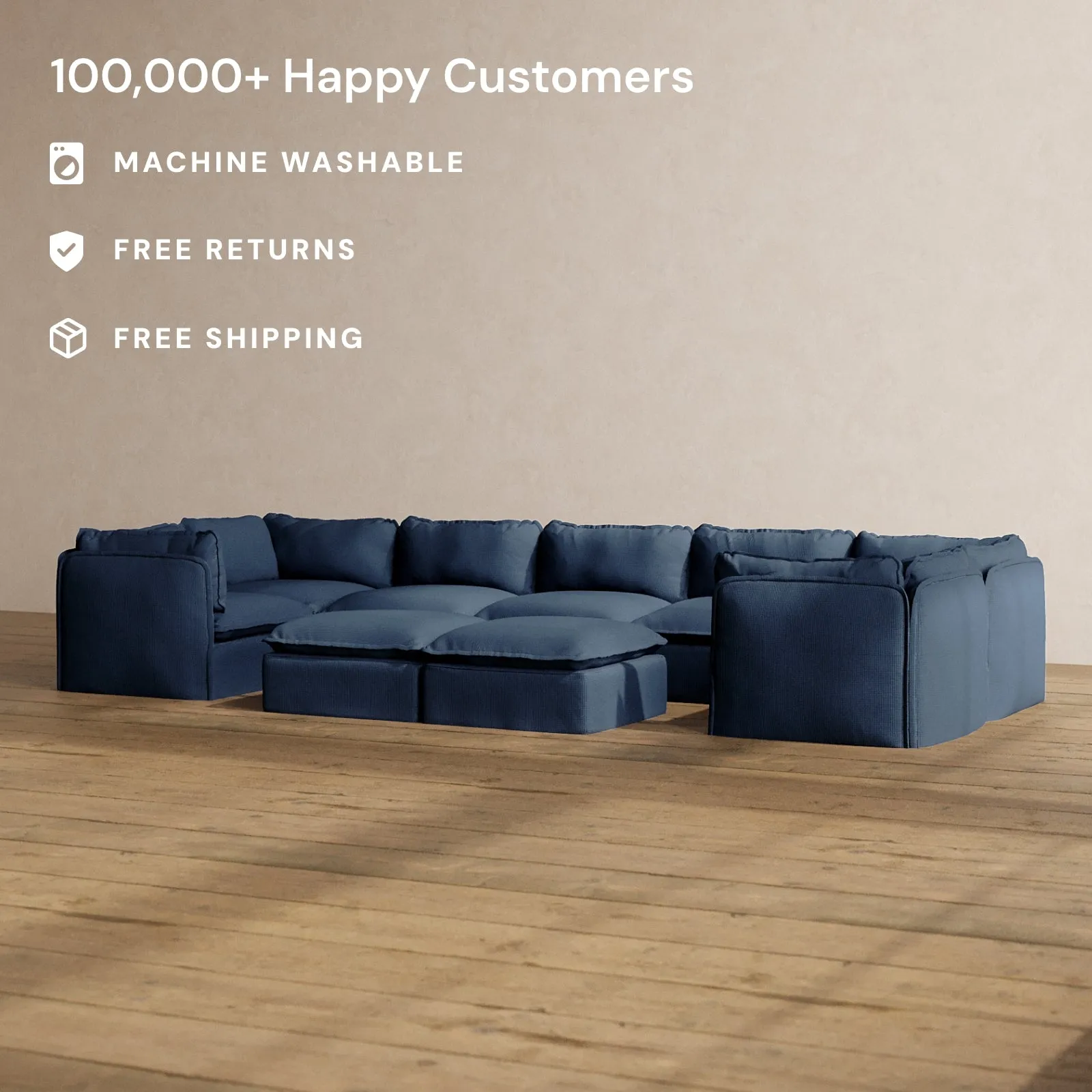 Modular Washable 7-Seater U-Sectional   Bench Ottoman in Sumi | Memorix  Seat | Cloud Pillow