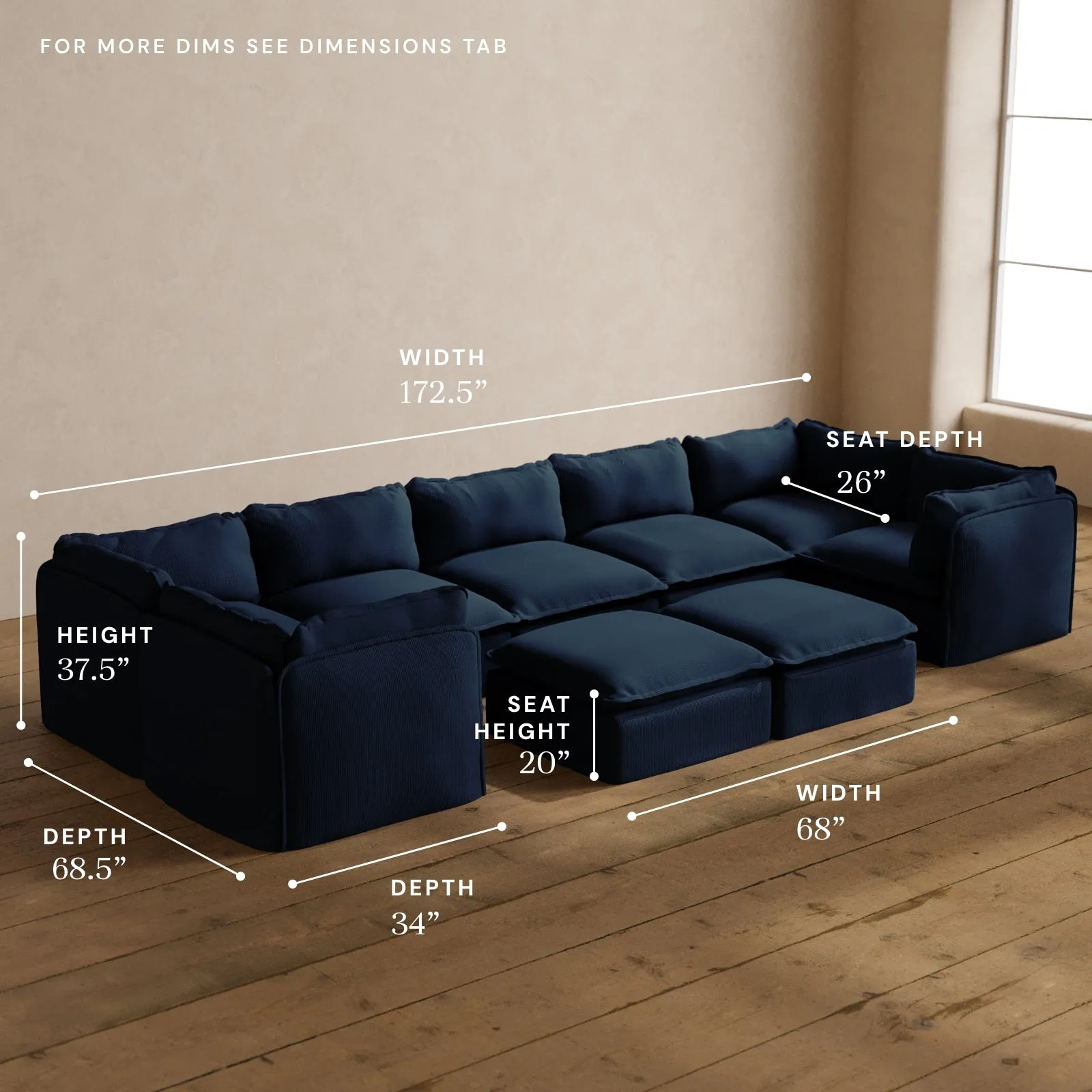 Modular Washable 7-Seater U-Sectional   Bench Ottoman in Sumi | Memorix  Seat | Cloud Pillow