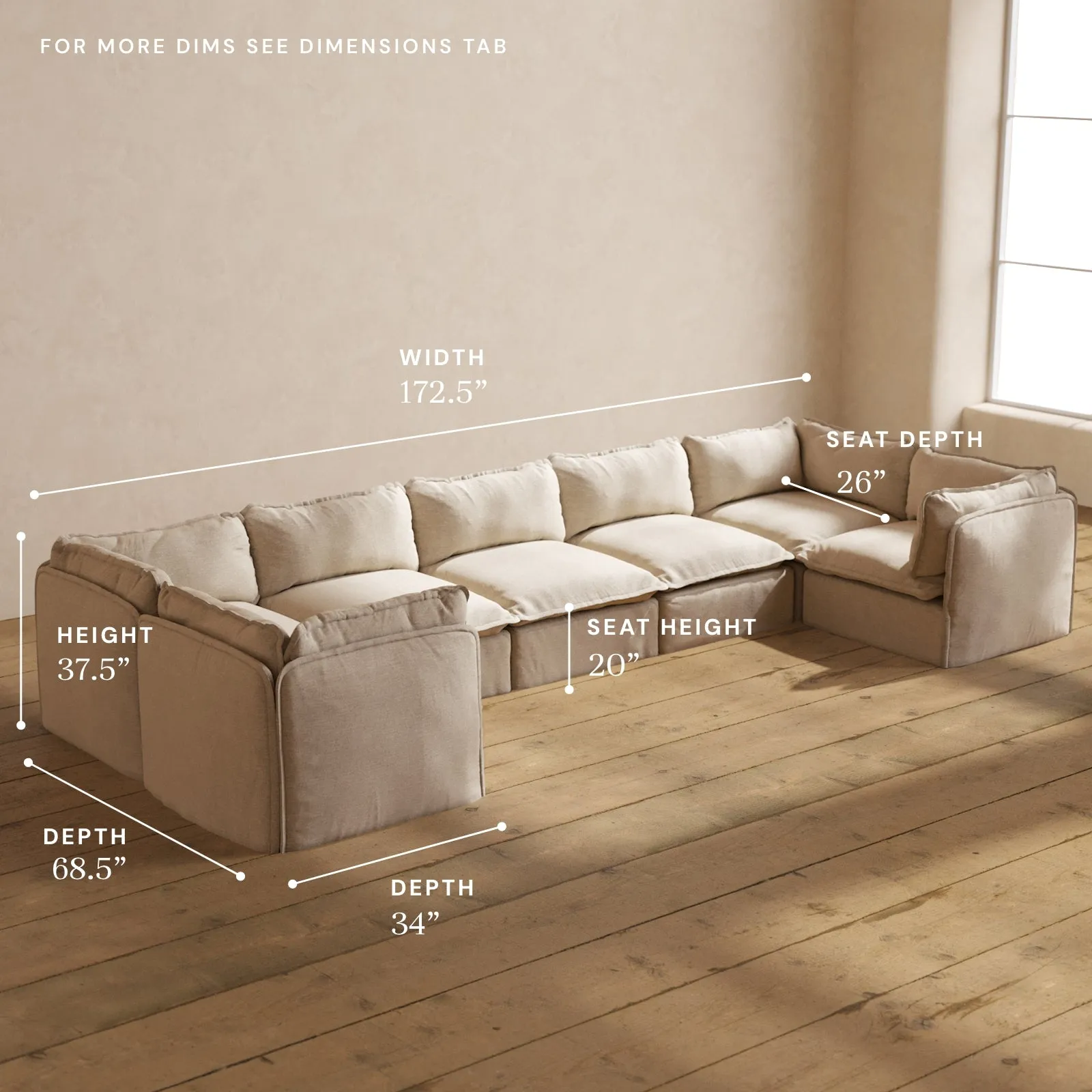 Modular Washable 7-Seater U-Sectional in Oat | Deluxe  Seat | Contour Pillow
