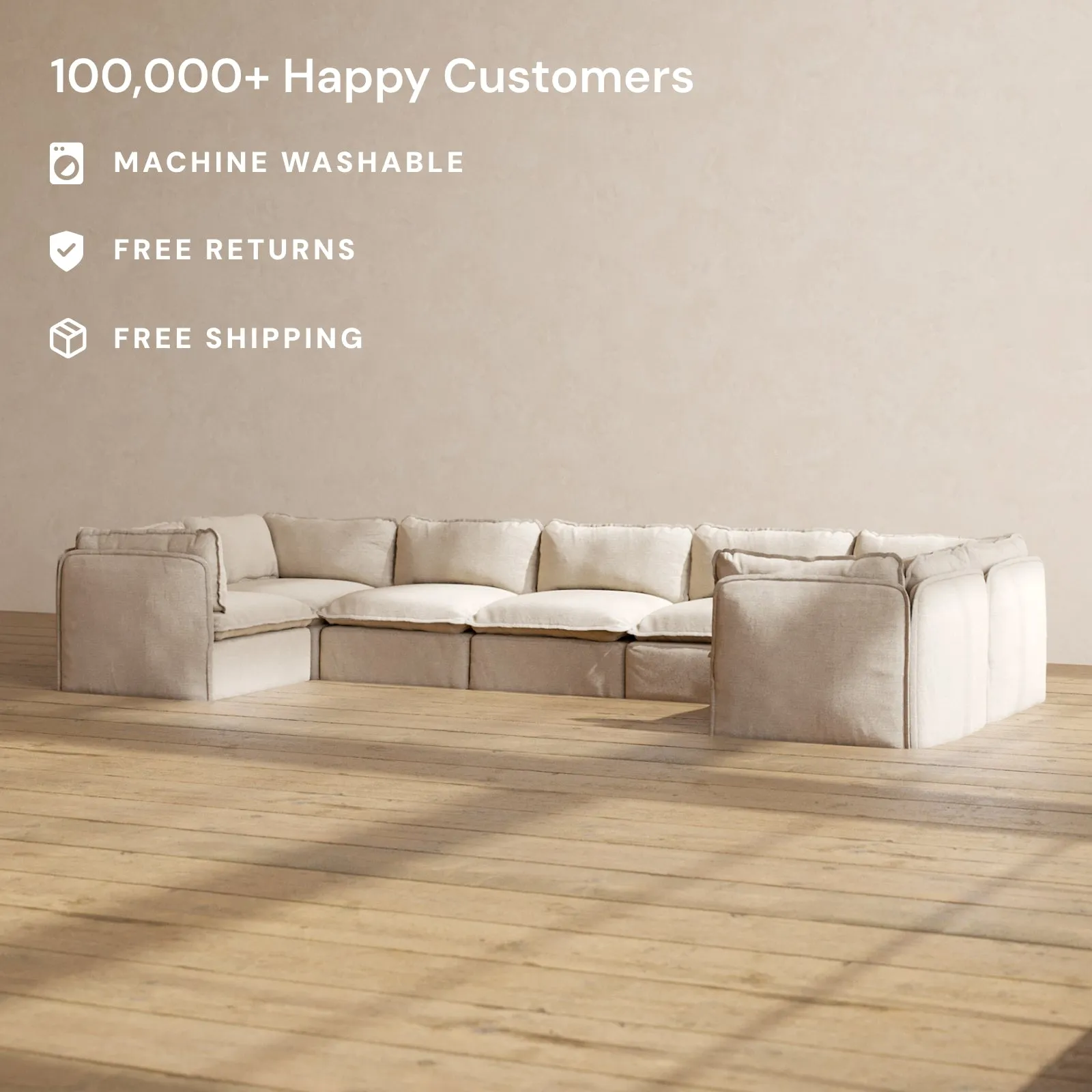 Modular Washable 7-Seater U-Sectional in Oat | Deluxe  Seat | Contour Pillow