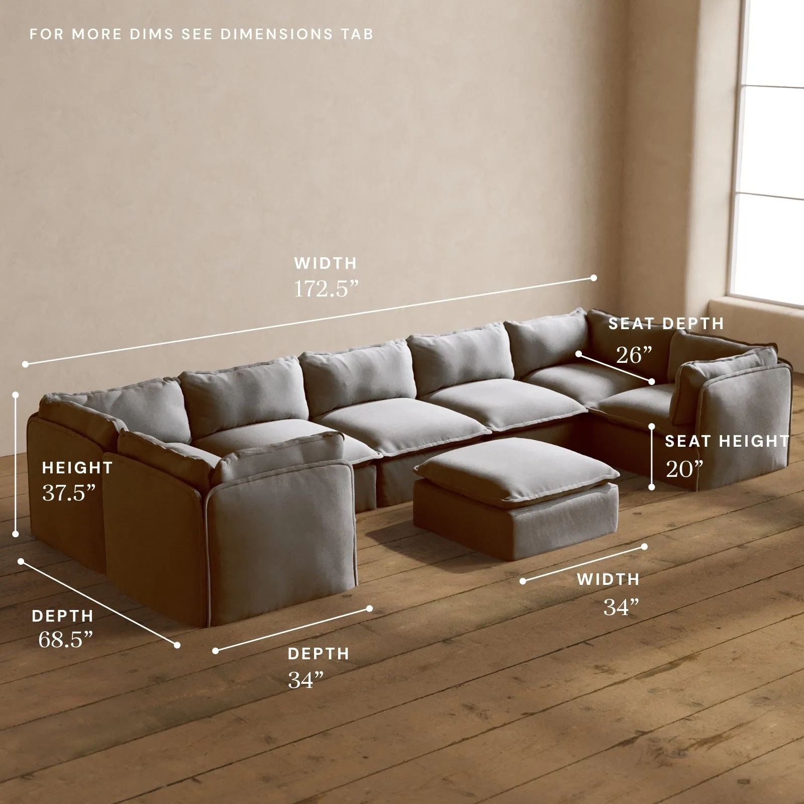 Modular Washable 7-Seater U-Sectional   Ottoman in Pumice | Memorix  Seat | Cloud Pillow