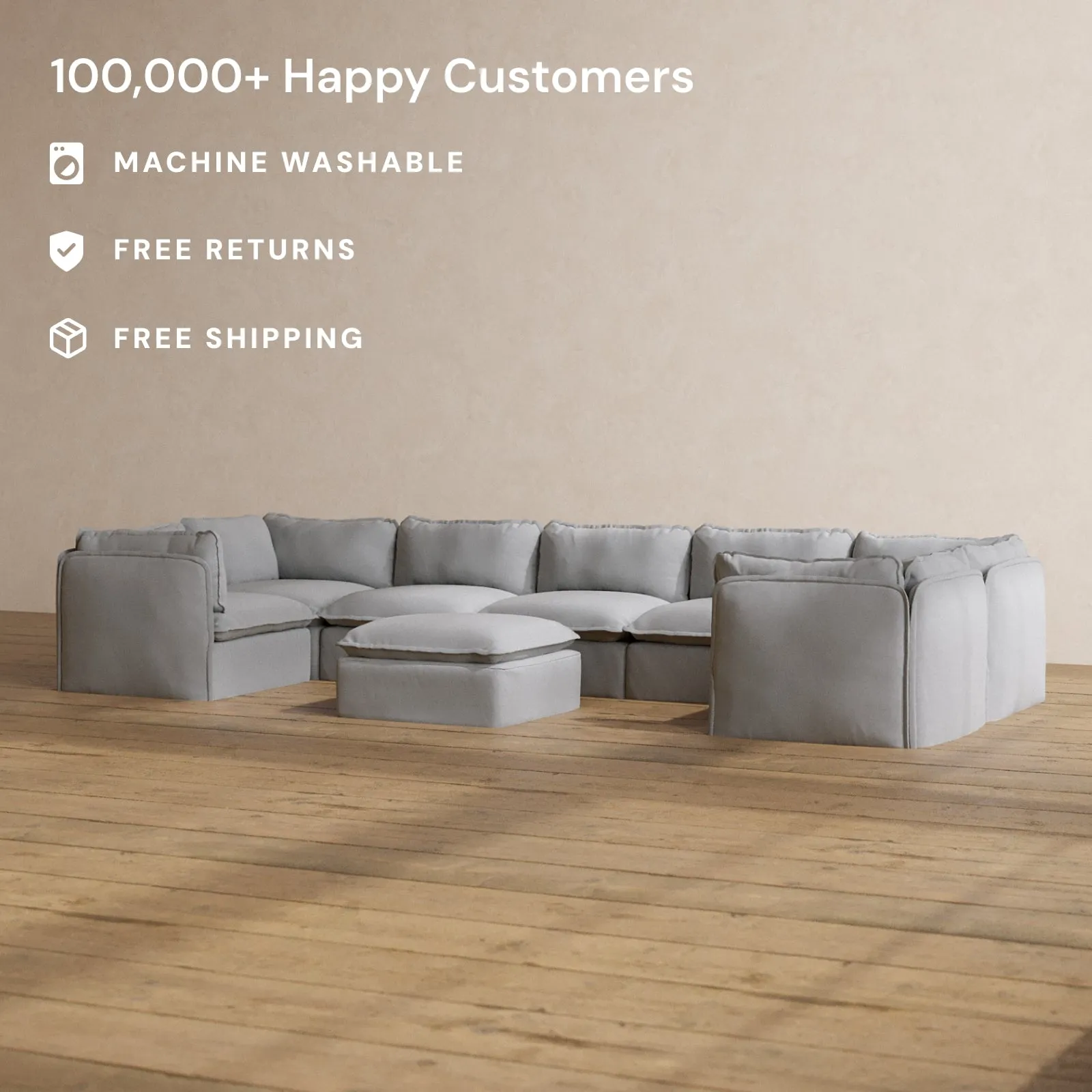 Modular Washable 7-Seater U-Sectional   Ottoman in Pumice | Memorix  Seat | Cloud Pillow