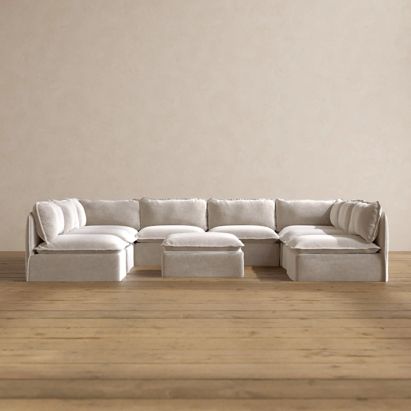 Modular Washable 8-Seater Open-Ends U-Sectional   Ottoman in Mist | Memorix  Seat | Cloud Pillow