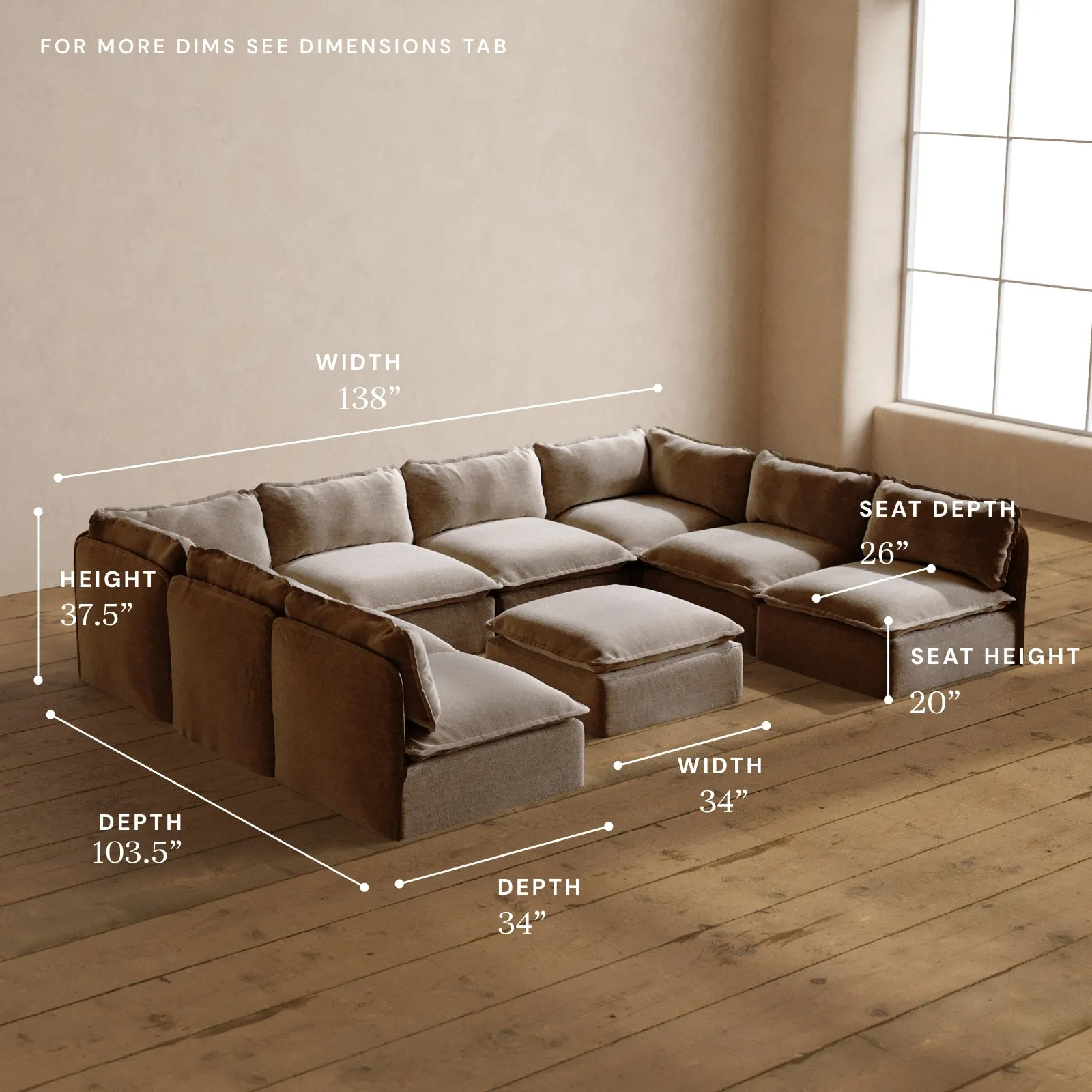Modular Washable 8-Seater Open-Ends U-Sectional   Ottoman in Mist | Memorix  Seat | Cloud Pillow