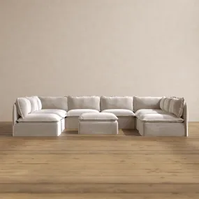 Modular Washable 8-Seater Open-Ends U-Sectional   Ottoman in Mist | Memorix  Seat | Cloud Pillow