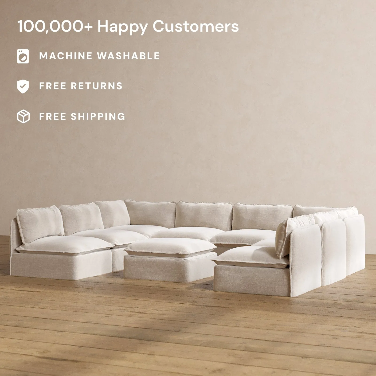 Modular Washable 8-Seater Open-Ends U-Sectional   Ottoman in Mist | Memorix  Seat | Cloud Pillow