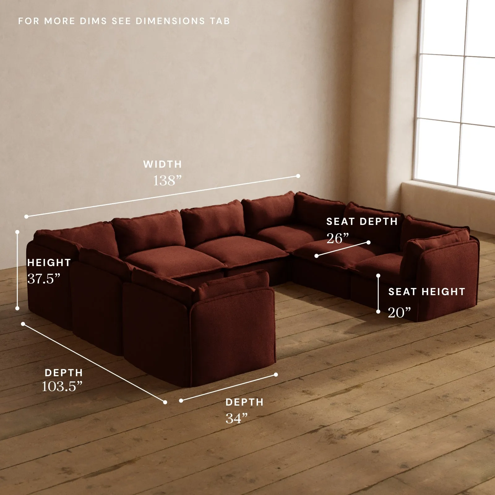 Modular Washable 8-Seater U-Sectional in Rust | Deluxe  Seat | Cloud Pillow