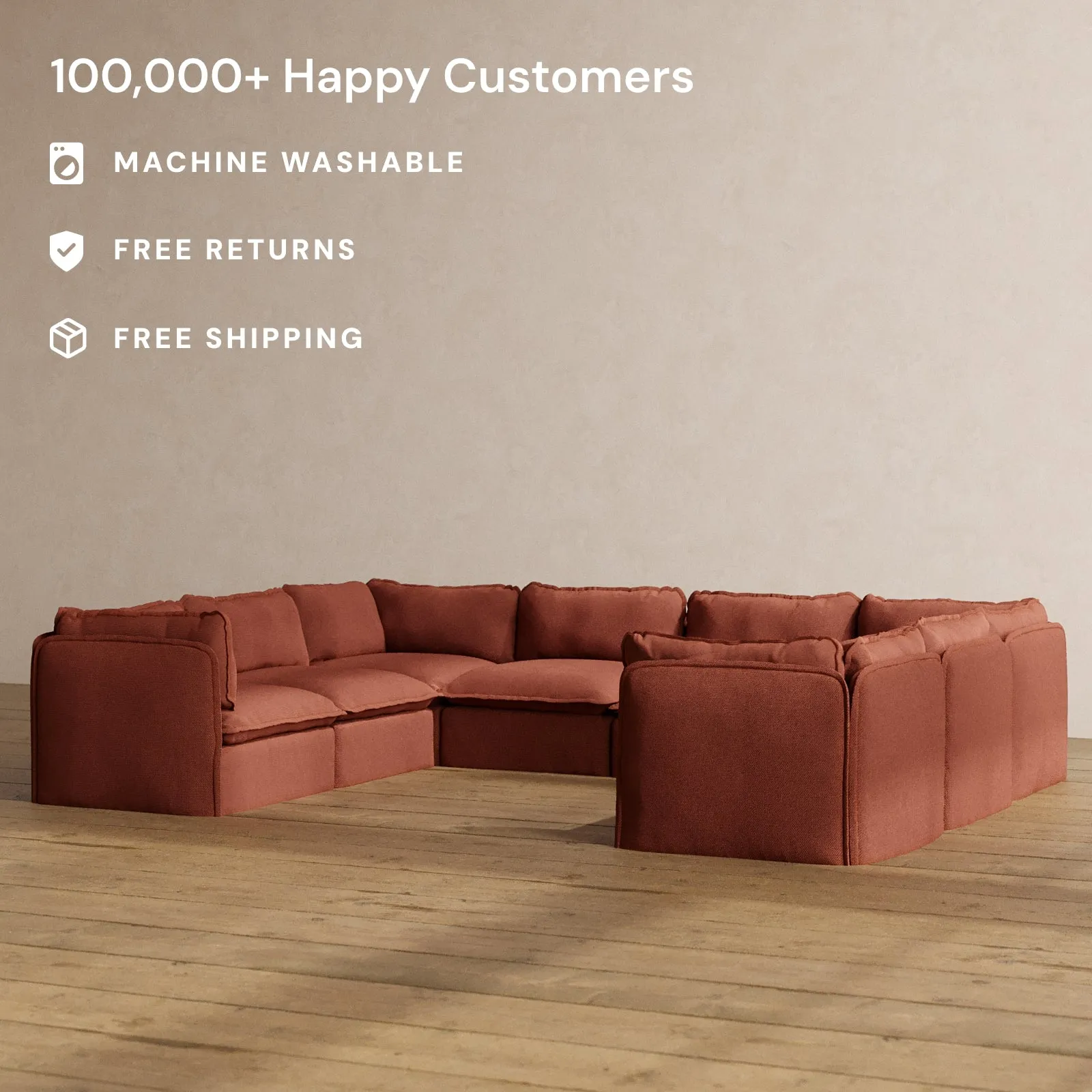 Modular Washable 8-Seater U-Sectional in Rust | Deluxe  Seat | Cloud Pillow