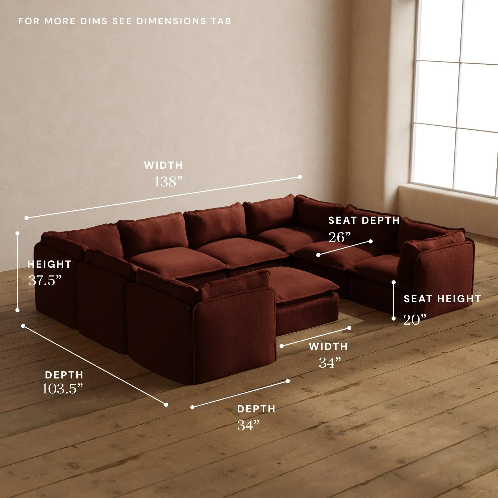 Modular Washable 8-Seater U-Sectional   Ottoman in Rust | Memorix  Seat | Cloud Pillow