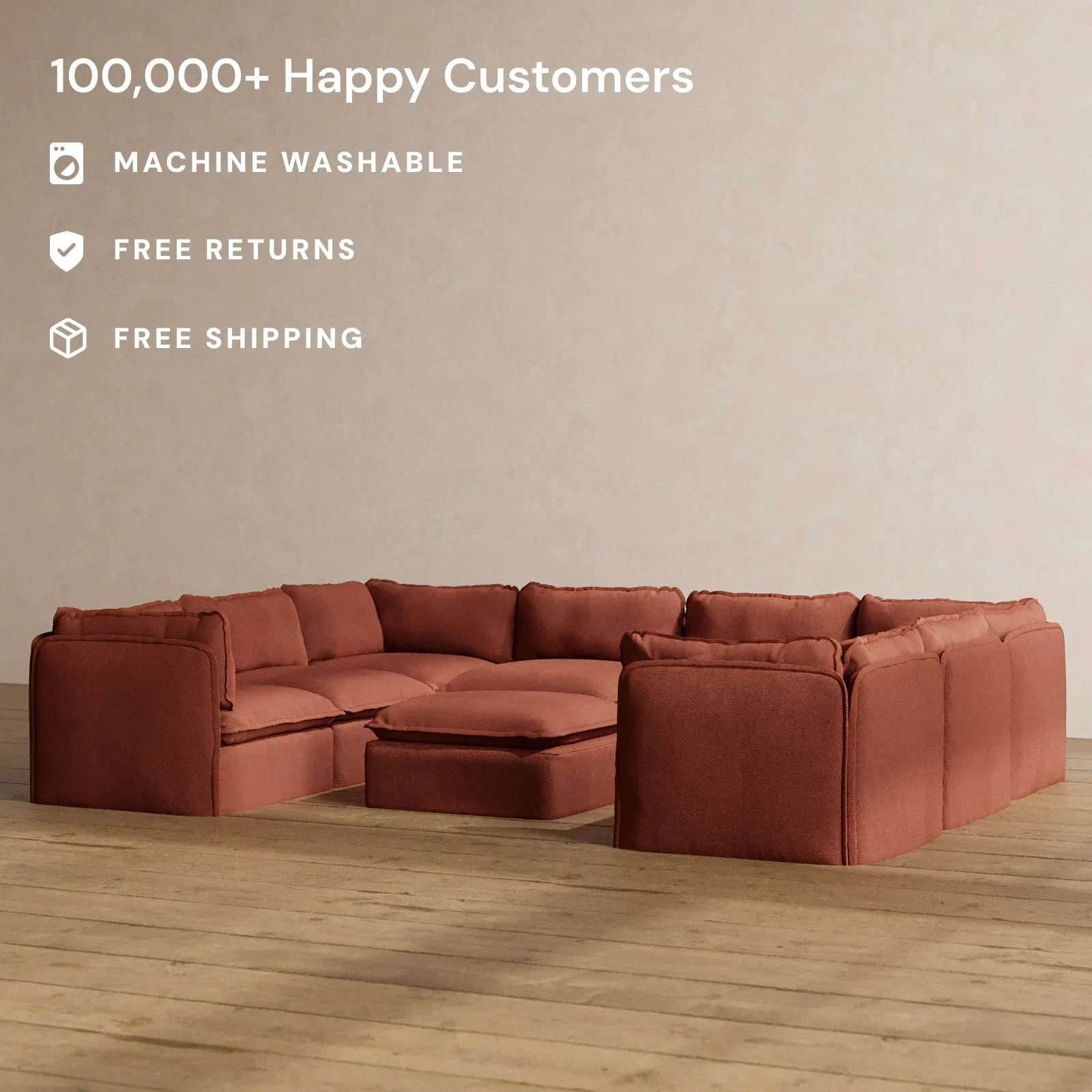 Modular Washable 8-Seater U-Sectional   Ottoman in Rust | Memorix  Seat | Cloud Pillow