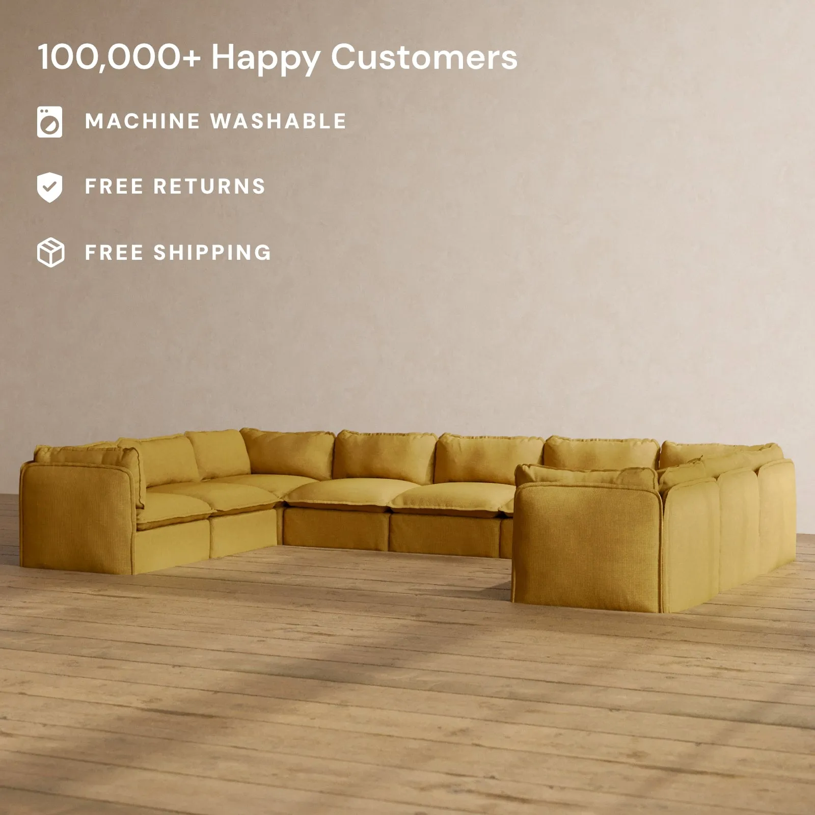 Modular Washable 9-Seater U-Sectional in Kiiro | Deluxe  Seat | Cloud Pillow